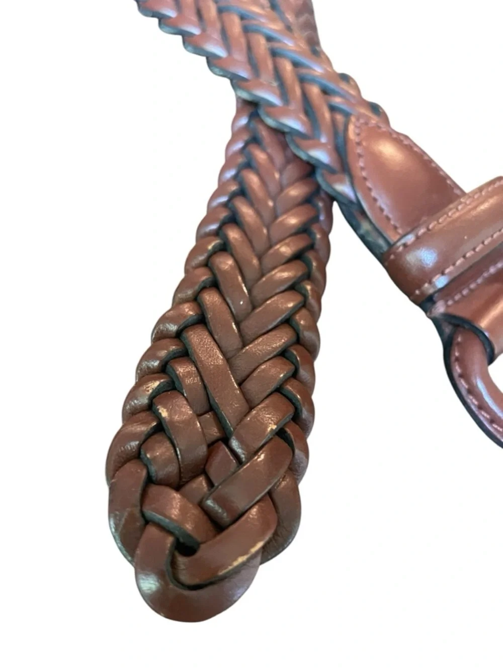 Braided Leather Belt Covered Buckle Cognac Brown Sz 40 Classic Boho Adjustable